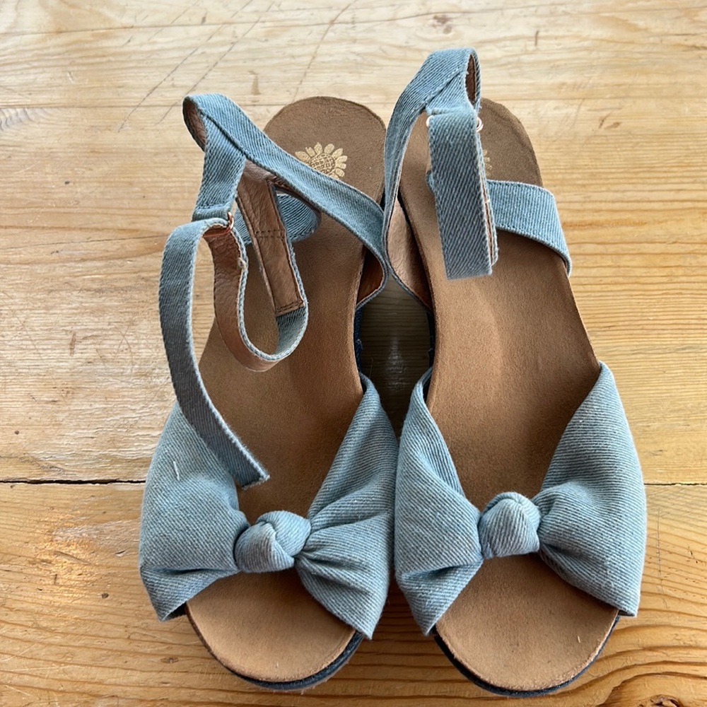 Yellow box two toned denim wedges